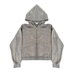 Sweat à capuche surdimensionné en coton 100% avec strass personnalisés, léger, sportif, délavé à l'acide, à fermeture éclair, veste polaire d'hiver pour homme - Product Image 1