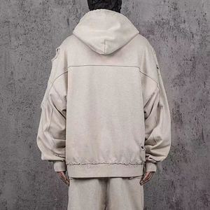 เสื้อฮู้ดดี้ผู้ชายสไตล์วินเทจ ผ้าคอตตอนผสม ซิปหน้า ลุคสบายๆ สไตล์คนเมือง แต่งขาดๆ ดูเท่ๆ - Product Image 2