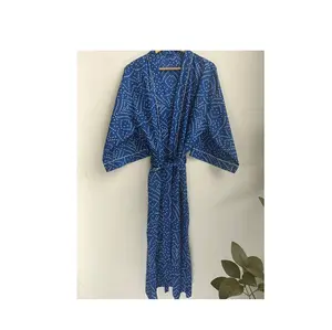 High on Demand Blue Printed Kimono Bridal Robe with Women Crossover Beach Coverup Dress Available at Bulk Price