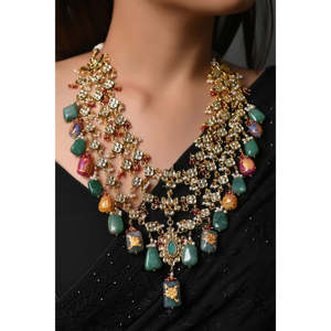 Ensemble de collier Kundan Rani plaqué or 18 carats avec perles de pierre, style vintage, bijoux en cuivre fin pour cadeau - Product Image 1
