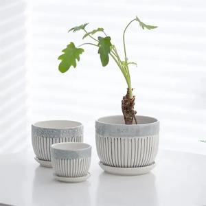 Set of 3 Textured Ceramic Flower Pots with Saucer Cute Indoor and Garden Succulent Planter for Home - Product Image 4