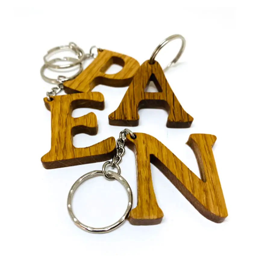 personalized custom laser cut promotional wood carving letter keychain