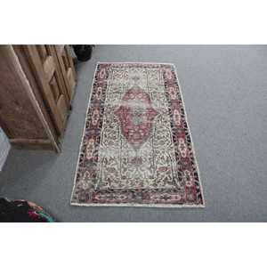 Turkish Vintage Small Rug 2.8x5.2 ft, <b>Red</b> Blue Floral <b>Wool</b> Rug - Product Image 1