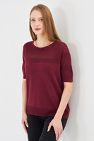 Blouse en maille ajourée à manches courtes pour femme - Pull de printemps à col rond ajouré - Haut en maille crochet doux et respirant pour femme
