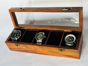 Kotak jam tangan kayu kerajinan tangan untuk pria Organizer mewah dengan tutup kaca & kotak hadiah elegan Interior beludru untuk jam tangan & Perhiasan - Product Image 4