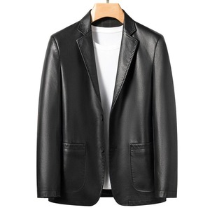 Nouveau bleu marine couche supérieure peau de mouton en cuir véritable hiver respirant hommes Slim Fit rétro moto revers veste décontractée à la mode - Product Image 2