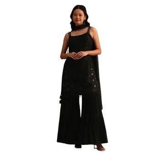 Black Embellished <b>Kurta</b> Sharara <b>Set</b> with Net Dupatta <b>for</b> Festive Wedding Reception Party Indian Occasion Wear - Product Image 2