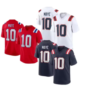 Camisetas de Fútbol Americano Cosidas del Equipo NE, Primera Ronda del Draft 2025, Número 10, Derek Maye, Color Azul Marino - Product Image 1
