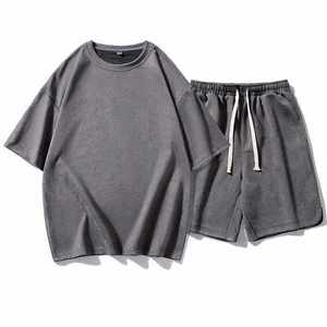 Vêtements de sport deux pièces en coton respirant pour hommes, survêtement d'été à la mode de rue avec t-shirt surdimensionné et short, ensemble de vêtements d'extérieur - Product Image 2