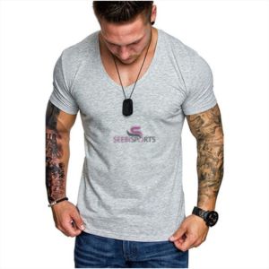 เสื้อยืดผู้ชาย,เสื้อยืดลำลองแฟชั่นใหม่สีพื้นคอวีเสื้อกีฬาฟิตเนส - Product Image 2