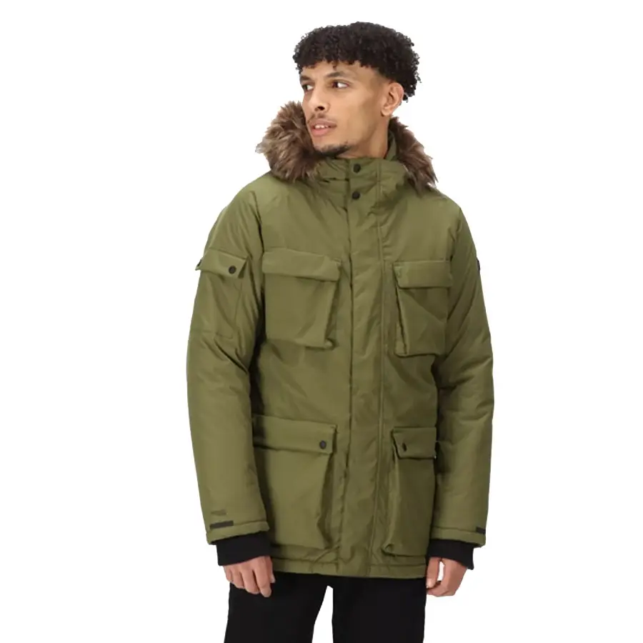 Most Comfortable Men Forest Green Color Waterproof Padded Zip Up Parka Jacket With Faux Fur On Hood Men Cargo Parka Jackets