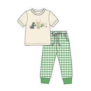Tenue 2 pièces pour tout-petits garçons, ensemble imprimé chien, cerf, canard, t-shirt graphique à manches courtes, pantalon à carreaux vert, pour la Saint-Patrick - Product Image 1