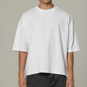 Logotipo personalizado Boxy Fit Camiseta de algodón de peso pesado 270gsm Rib CrewNeck Drop Shoulder camiseta de gran tamaño para los hombres - Product Image 2