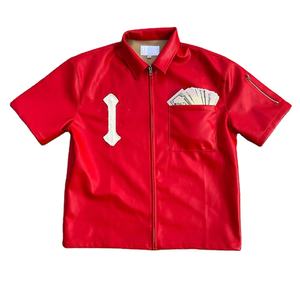 Custom Distressed Applique Embroidery Pu Leather <b>Shirt</b> Short <b>Sleeve</b> Hip Hop Pu Leather <b>Shirt</b> for Men - Product Image 2