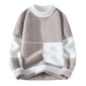 Suéter de bloque de color blanco Beige para hombre, moda de invierno, ropa informal cálida de lana suave, jersey de cuello redondo de manga larga, atuendo elegante - Product Image 1
