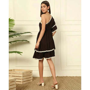 DEEBACO Women's Solid Tiered Layered <b>Dress</b> One Shoulder Bell Layered Sleeves Fit & Flared Above Knee Length One Piece <b>Dress</b> - Product Image 3