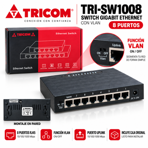 Switch Ethernet Gigabit TRICOM a 8 Porte 10/100/1000 Mbps con Supporto VLAN e QoS, Montabile a Parete, Plug and Play - Product Image 2