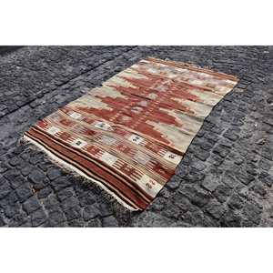 Vintage Turkish <b>Rug</b> Red Beige 4.6 X 7.4ft Large <b>Boho</b> Style Area <b>Rug</b> Patchwork Pattern Wool 10mm Latex for Hallway Room Decor - Product Image 2