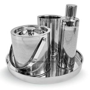 Unique Fancy Texture Designer Stainless Steel Silver Shiny Polished Ice Bucket Wine Chiller & Cocktail Shaker <b>Bar</b> Set With Tray - Product Image 1