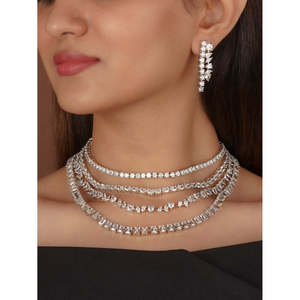 ชุดสร้อยคอและต่างหูเพชรเทียมชุบเงินสีขาวเครื่องประดับชั้นดี CZSET392 - Product Image 1