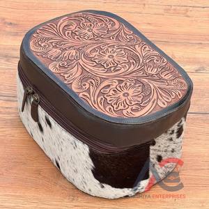 Caja de almacenamiento de cosméticos de maquillaje elegante de cuero mecanizado a mano, caja de maquillaje de piel de vaca, tocador de cuero, caja organizadora de baño - Product Image 1