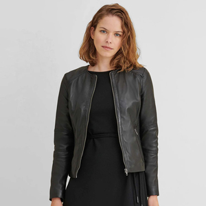 แจ็กเก็ตหนังแท้สำหรับผู้หญิง, แจ็กเก็ตรถจักรยานยนต์หนังแกะพร้อมแจ็กเก็ตสไตล์ครอปหนังแท้สำหรับผู้หญิง - Product Image 1