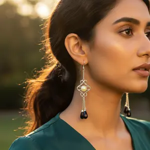 Boucles d'oreilles pendantes en argent 925 pour femmes, onyx noir, plaqué or, avec perle et diamant pour mariage - Product Image 2