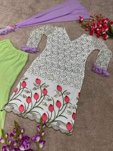 Travail de broderie indienne prêt à l'emploi 3 pièces ensemble concepteur pakistanais vêtements ethniques Georgette tissu Sharara Gharara Kurti cousu - Product Image 6