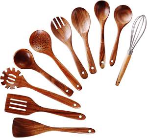 Juego de servidores de ensalada ecológicos de lujo de madera de acacia Natural de 7 piezas, 2 utensilios de cocina hechos a mano - Product Image 5