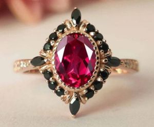 Anillo antiguo de rubí y espinela negra, 6*8mm, forma ovalada, rubí cultivado en laboratorio, anillo de compromiso de oro sólido de 10K, anillo de piedras preciosas Art Deco hecho a mano - Product Image 3