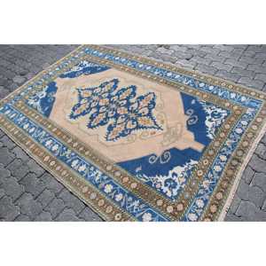 Alfombra Turca Vintage de 4.9x7.3 pies, Alfombra Azul de Lana con Parches, Respaldo de Látex, Alfombra Ecológica - Product Image 2