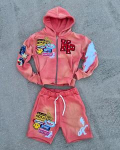 Tendance nouveauté grande taille décontracté été deux pièces ensemble respirant coton thermique à volants court à capuche broderie haut Shorts - Product Image 4