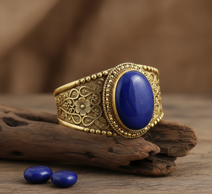 Rudra Gems 14K Or Bohème Hommes Mode Bracelet Fabriqué À La Main Naturel Lapis Lazuli Cabochon Tibétain Argent Taille Réglable - Product Image 2