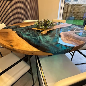 Table à manger en bois d'acacia en résine artisanale moderne de luxe, table de salon imperméable pour les cadeaux de mariage, de retraite, de Diwali - Product Image 1