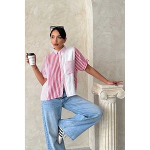 Blusa Camisera Casual de Lino a Rayas Fucsia para Mujer, Marca Topshow, para Venta al Por Mayor - Tallas S, M, L Disponibles - Product Image 1
