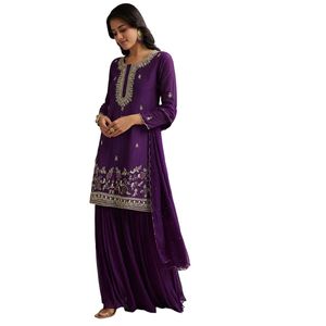 Abito Sharara con taglio viola Dana ricamato Dupatta per abiti eleganti da festa e abiti da sposa tradizionali indiani - Product Image 1