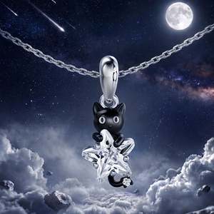 Collier Jeulia Hug Me Chat Noir Étoilé - Argent Sterling avec accents de diamants et de perles - Product Image 3