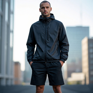 Conjuntos de pantalones cortos cortavientos de color sólido para hombre, Sudadera con capucha y cremallera impermeable, jersey de color sólido, chaqueta, conjunto de pantalones cortos cortavientos - Product Image 4