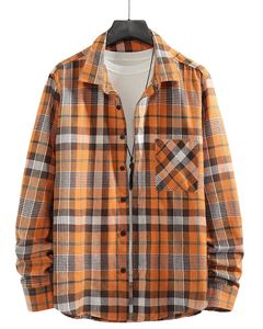 Camisa de franela a cuadros naranja y marrón personalizada para hombre, de manga larga, con botones, informal, de algodón, para uso diario en otoño e invierno. - Product Image 1