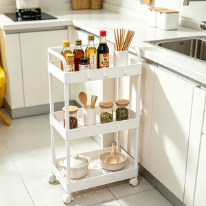 Espositore per Alimenti a Tre Livelli in Plastica Bianca, Stand per Buffet Regolabile, Scaffale di Stoccaggio Lucido, Facile da Montare - Product Image 1