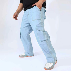 Custom Lightweight Casual <b>Men's</b> Baggy Street Wear Style Denim <b>Jeans</b> Side Button <b>Flared</b> Stacked Design Breathable Comfortable - Product Image 5