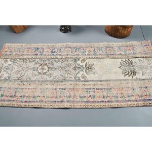 Tapis en laine turque vintage de 2.8x6,3 pieds, tissage plat en patchwork beige et bleu pour les décorations de salon avec support en latex - Product Image 3