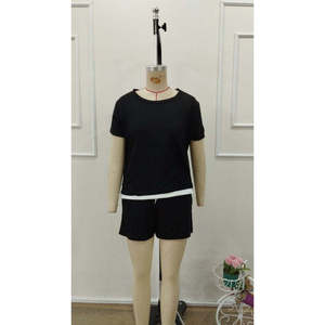 Women'<b>s</b> Short-Sleeve Crew Neck Viscose Two-Thread Fabric <b>Blouse</b> <b>and</b> Shorts Two-Piece Set, 32776 - Black - Product Image 6