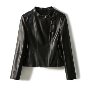 Recién llegado, chaqueta de cuero 100% con cuello levantado para mujer, abrigo de Moto, Top corto de cuero de motorista Camel genuino, chaquetas para mujer - Product Image 3