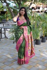 Saree en soie ethnique doux et écologique avec tissage Jari pur et motif floral Paithani Pallu pour toutes les occasions - Product Image 2
