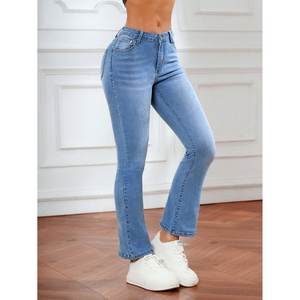 Vaqueros de mezclilla lavados de cintura alta estilo vintage chic para mujer, color azul hielo, con corte acampanado, estilo callejero, tallas 26 a 40 - Product Image 3