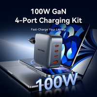 Chargeur GaN Vention 4 ports USB (C + C + C + A) (100W/100W/30W/30W) gris avec câble USB-C vers USB-C (1M) noir prise EU