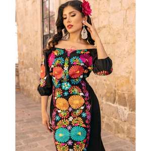 Robe d'été bohème en coton naturel mexicain fait main, à col en V, à fleurs brodées, écologique, pour femmes - Product Image 4