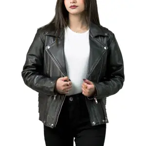 Black Leather Jacket Women Shiny Gold Zipper Charming Fashion OEM Pockets Customized Wholesale Genuine Leather Motorbike Jacket