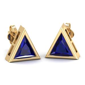 Boucles d'oreilles à visser en or massif 14 carats REYES personnalisées, forme triangulaire, saphir bleu de 1,9 carat, bijoux pour femmes - Product Image 1